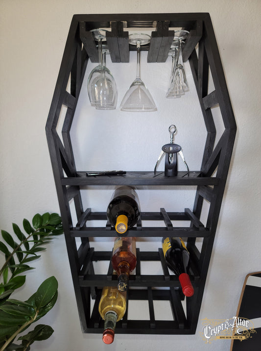 Coffin Wine Rack w/Stemware Holder - Vintage Black